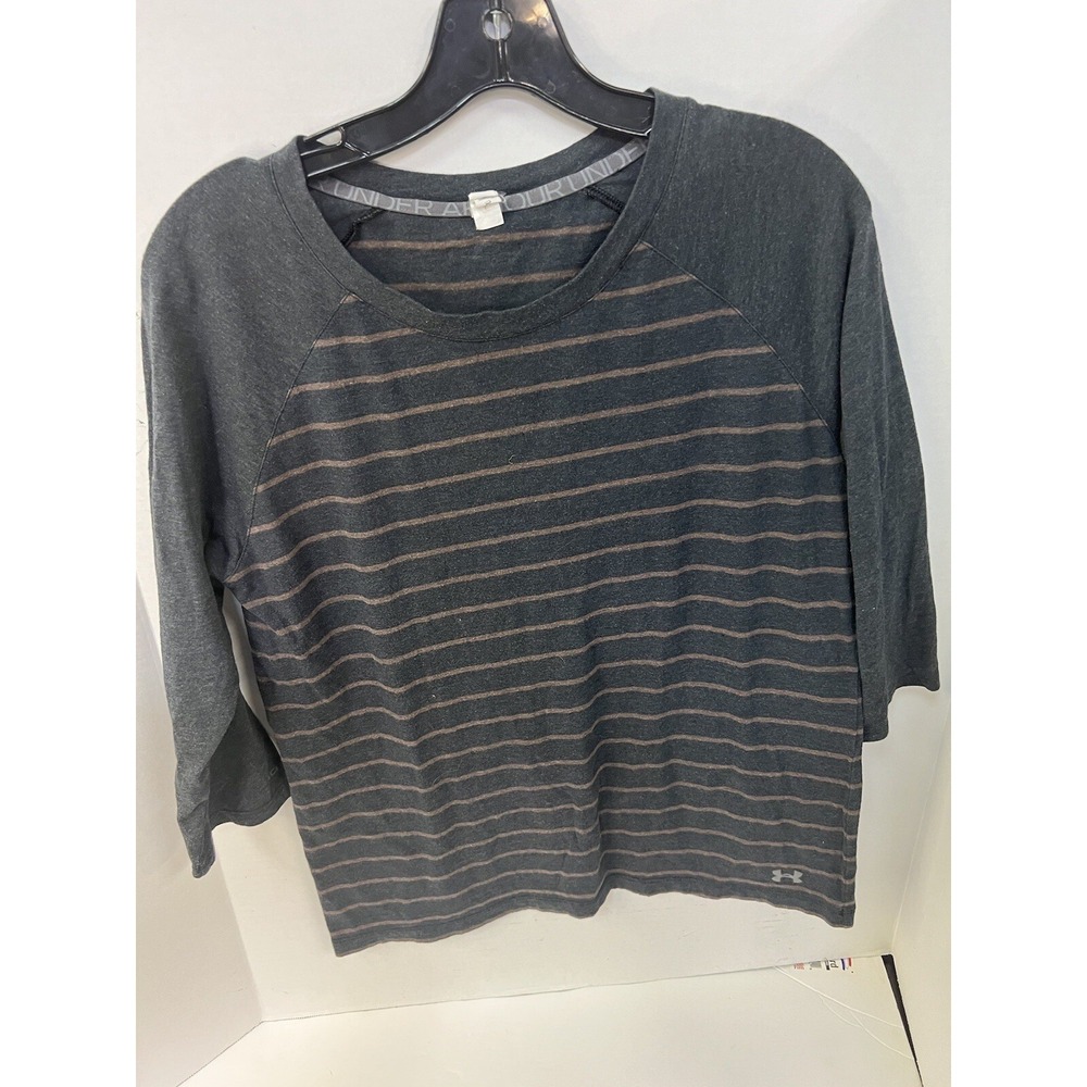 Under Armour Shirt Mens Medium Gray Brown Striped 3/4 Sleeve Fitted Shirt